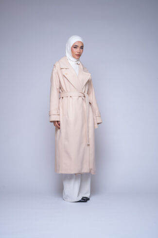 belted long coat by Kharzaat with adjustable waist belt