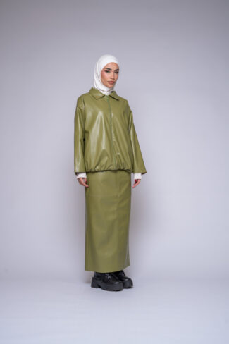 leather bomber jacket skirt set by Kharzaat