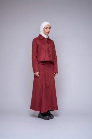 suede jacket skirt set by Kharzaat with gold button design