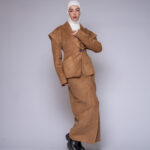 suede blazer skirt set by Kharzaat with structured shoulders