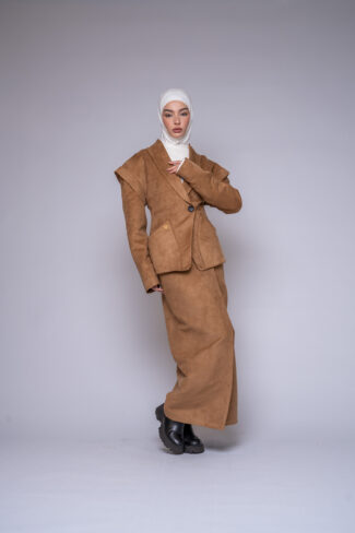 suede blazer skirt set by Kharzaat with structured shoulders