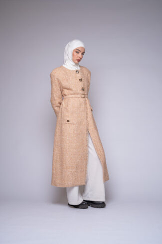 tweed coat by Kharzaat with adjustable belt and gold buttons