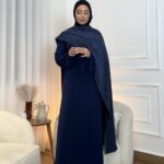 Navy Glow Scarf Ramadan Abaya with textured draped overlay