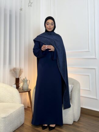 Navy Glow Scarf Ramadan Abaya with textured draped overlay