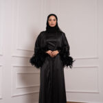 Feather Satin Abaya Set with Inner Dress in black with feather cuffs