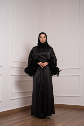 Feather Satin Abaya Set with Inner Dress in black with feather cuffs