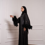 Feather Satin Abaya Set with Inner Dress in black with feather cuffs