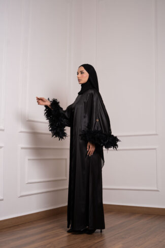 Feather Satin Abaya Set with Inner Dress in black with feather cuffs