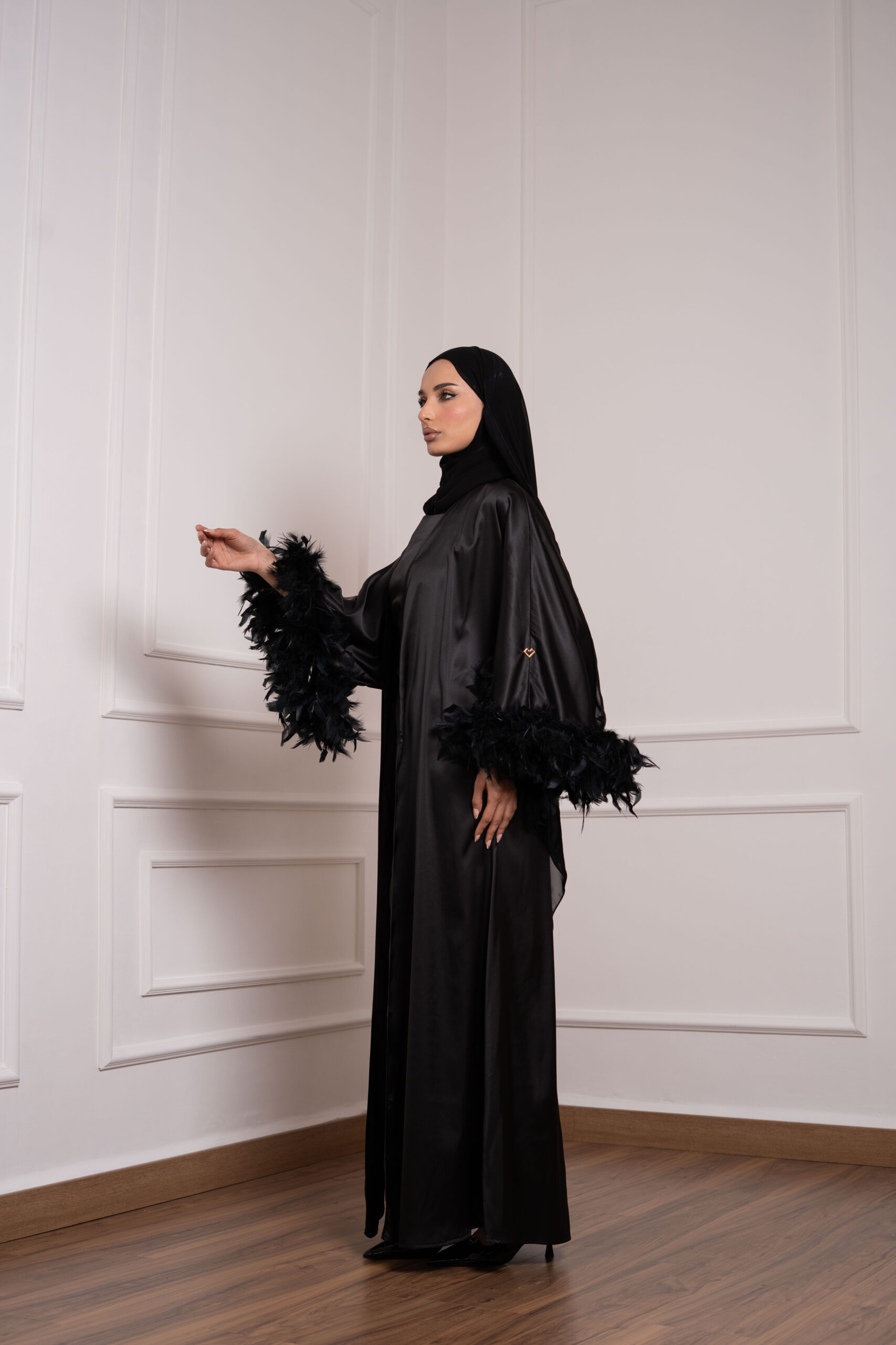 _RA25716 Feather Satin Abaya Set with Inner Dress in black with feather cuffs