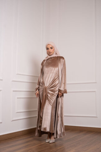 Velvet Abaya Set with Inner Dress in champagne