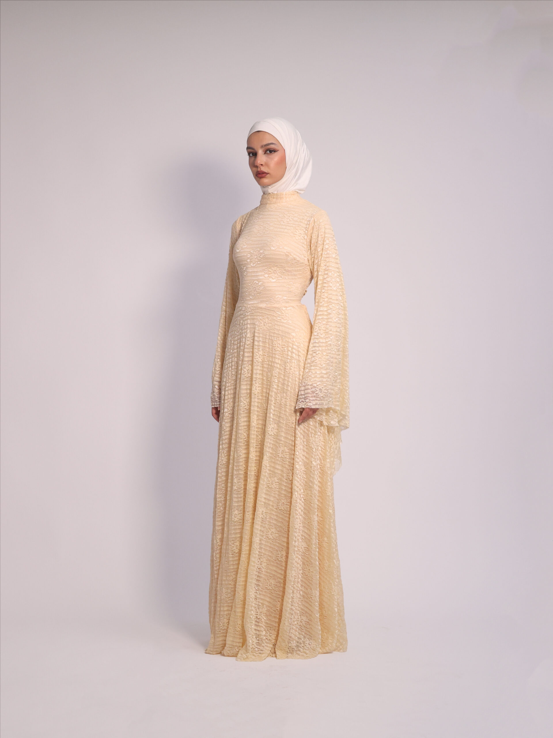 Lace Grace Dress by Kharzaat in Soft Mint featuring elegant lace fabric and flowing bell sleeves