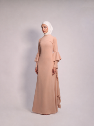 Waterfall Sleeve Dress in Ivory by Kharzaat featuring dramatic cascading waterfall sleeves and a fitted maxi silhouette