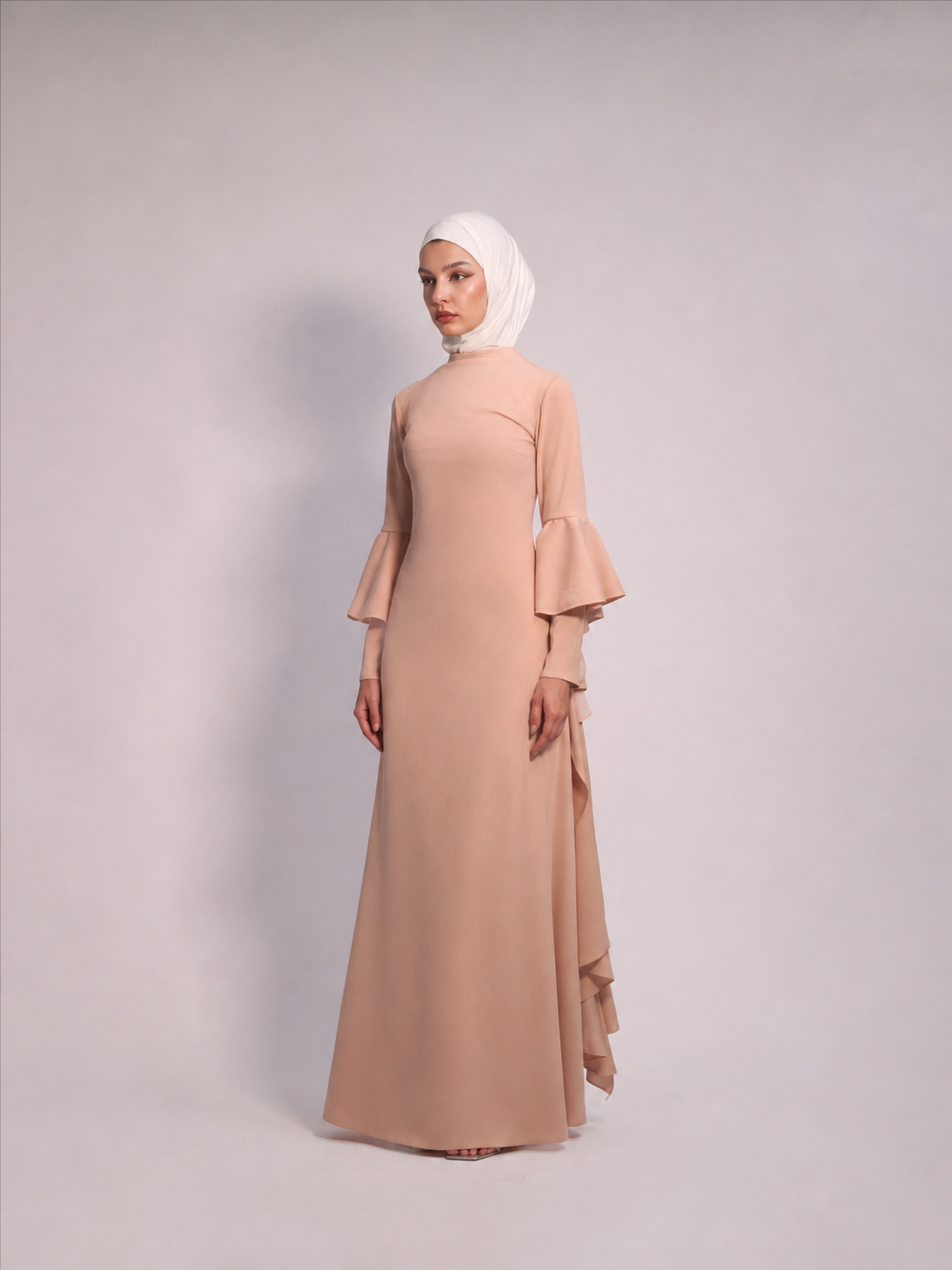 ChatGPT Image Jul 31, 2026, 02_31_29 PM Waterfall Sleeve Dress in Ivory by Kharzaat featuring dramatic cascading waterfall sleeves and a fitted maxi silhouette